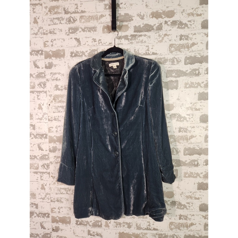 Coldwater Creek Velvet Blazer Size 14 Teal Silk Blend Boho Luxe Vampy Jacket